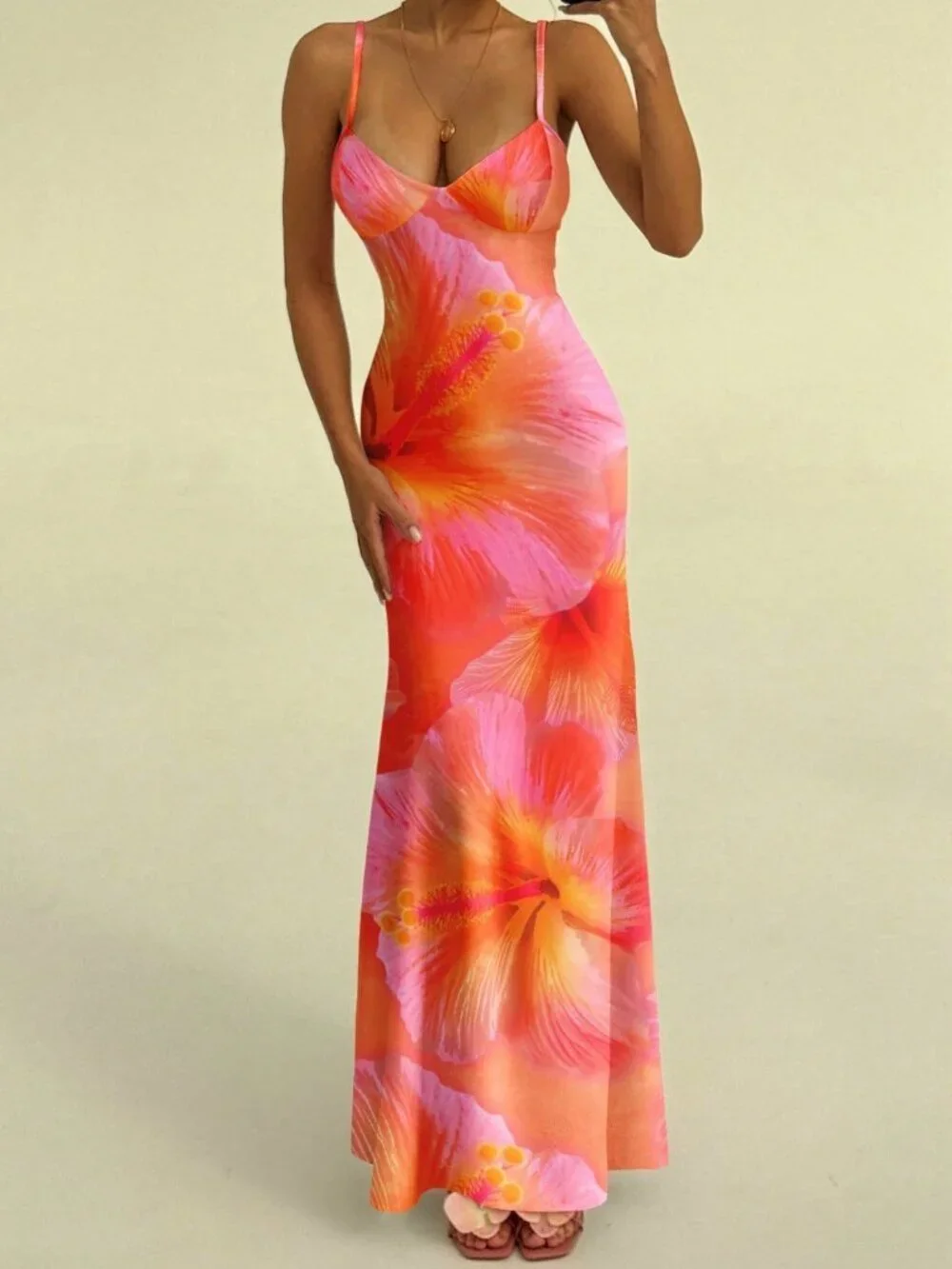 Orange Elegant Hibiscus Print Women's Bodycon Spaghetti Strap Tie-Up Dress - Picture 3 of 7